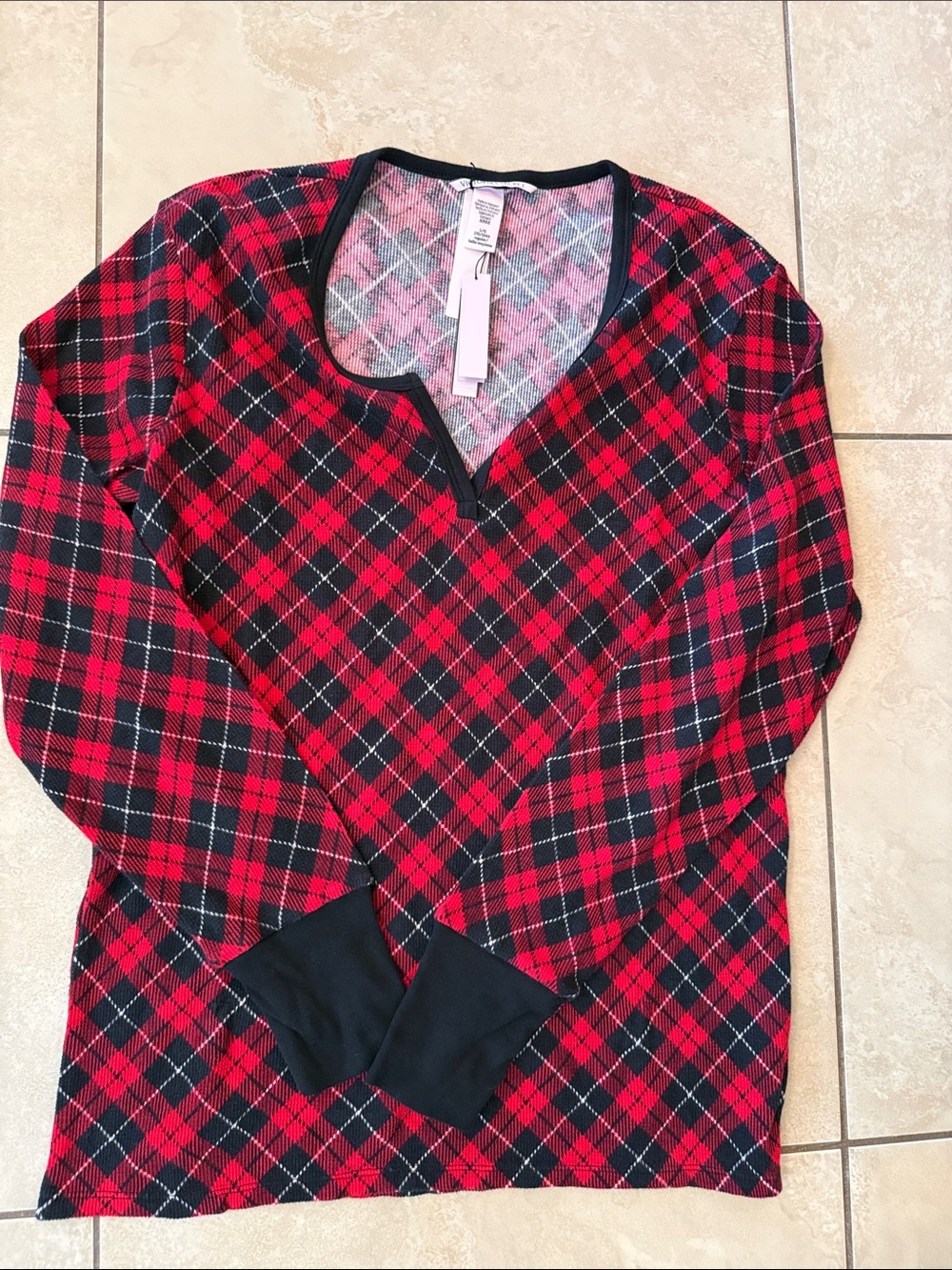 Victoria's Secret Red and Black Plaid Long-Sleeve Top